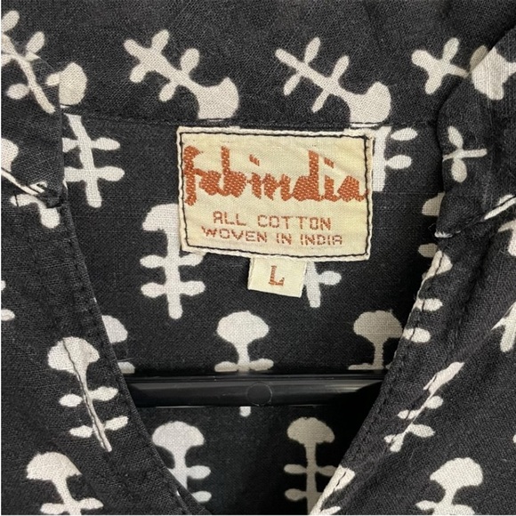 FabIndia Vintage Mens Black Abstract Print Cotton Short Kurta Tunic Shirt Large - Picture 6 of 9